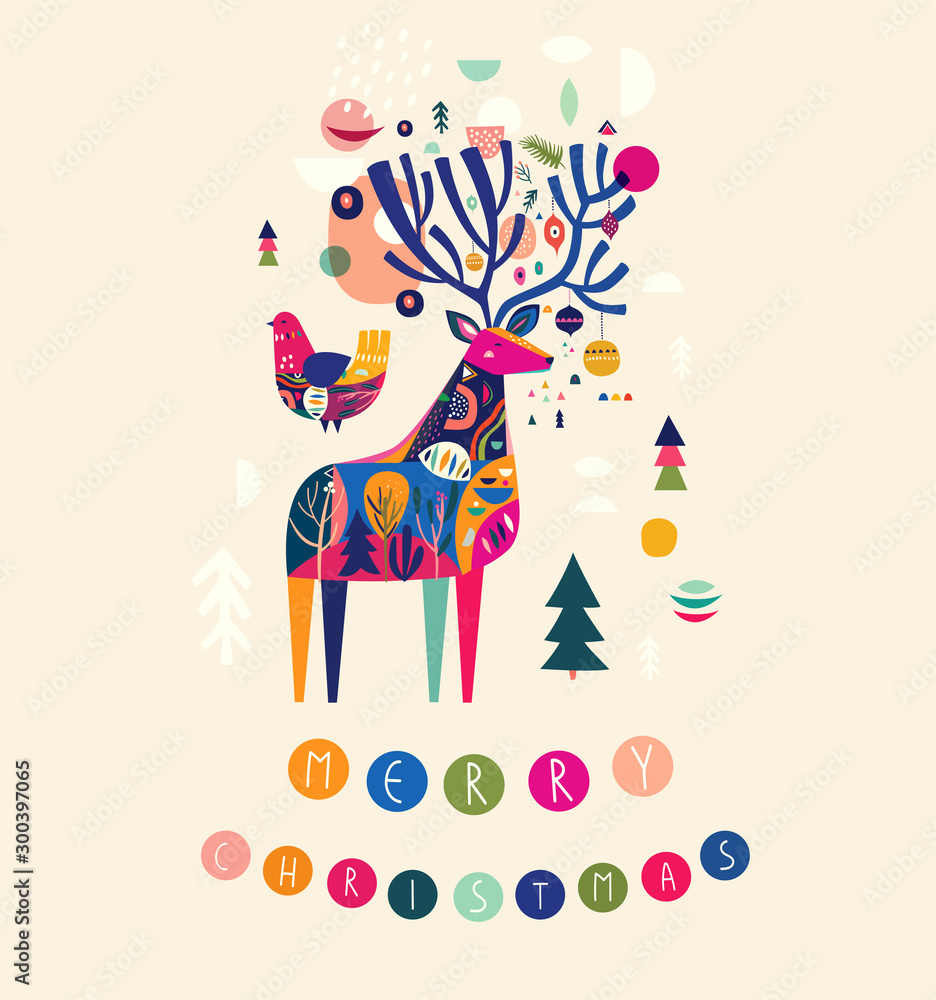 Christmas illustration with amazing colorful deer and bird. Christmas illustration with amazing colorful deer and bird.