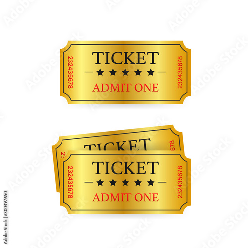 Realistic golden show ticket. Old premium cinema entrance tickets.