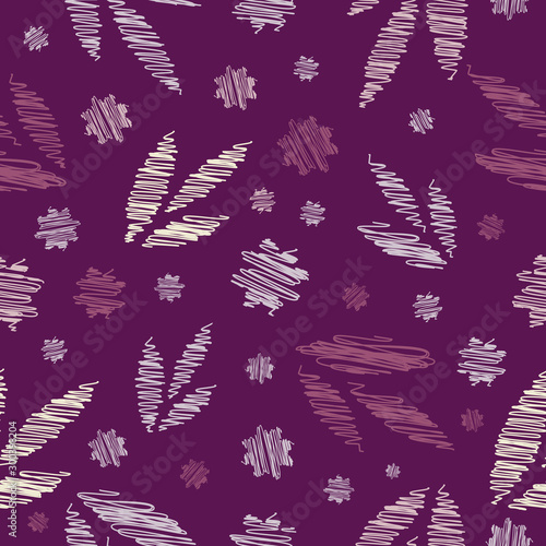 Seamless purple natural scribbled leaves shapes repeat endless background