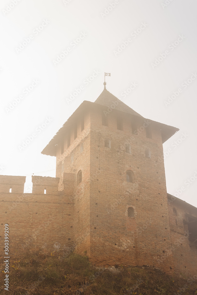 The medieval castle in the morning fog The medieval castle in the morning fog