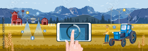 Woman hands controlling wireless farm field from smart phone tablet app. Red barn, drone watering and tractor with windmill on background. Blue mountains and sky. Agriculture vector