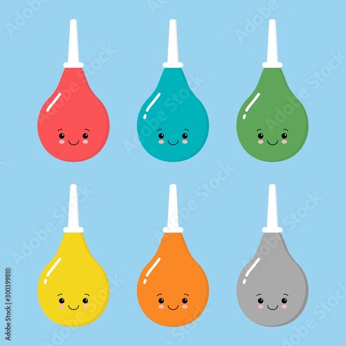 Set of cute cartoon enema. Medical instruments . Blue enema with a plastic tip. Vector illustration of medical pear. Kawaii style