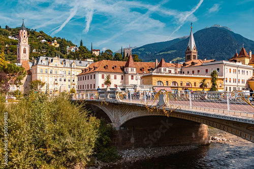 Fotografie Beautiful alpine view and a bridge at Meran, South Tyrol, Italy