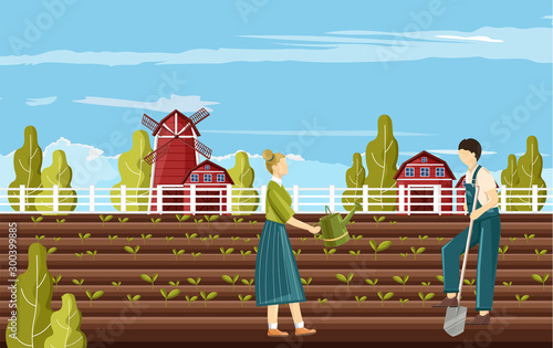 Couple of farmer people working in the garden. Red barn, blue sky and green t...