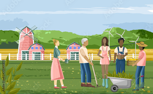 Family of farmer people working in the garden. Man carrying wheelbarrow and p...