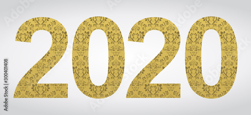 Number 2020 year patterned with floral shapes, isolated on white. 2020 for decorate calendar, banner, poster, invitation, card, adult coloring book.