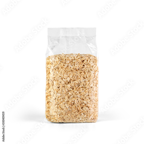 Oat flakes in transparent plastic bag isolated on white background. Packaging template mockup collection. Stand-up Front view package.