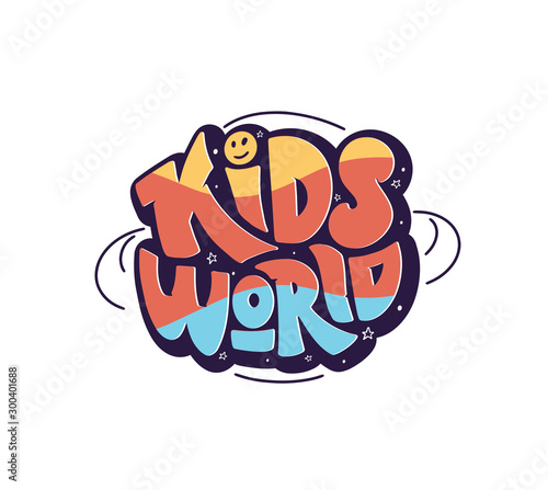 Colorful kids world logo. Hand drawn lettering composition