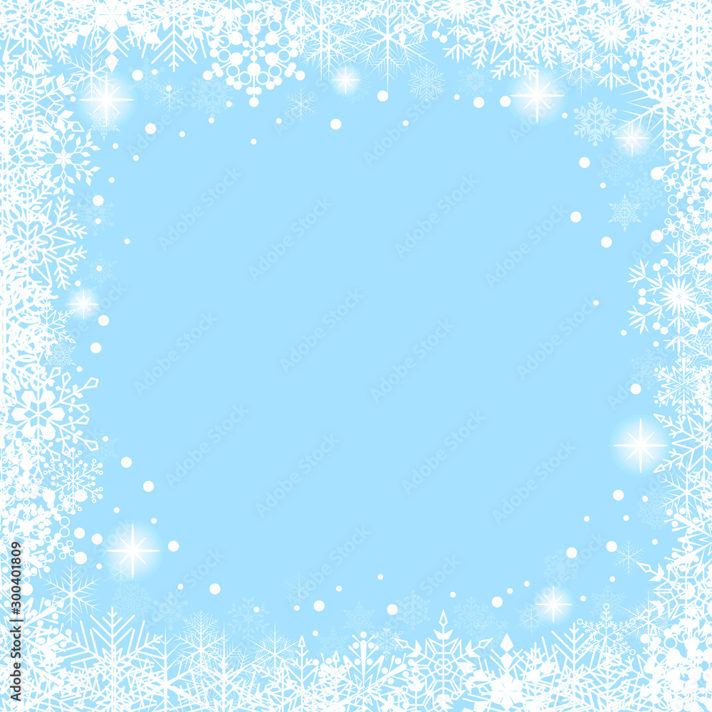 Fototapeta premium Christmas frame with white snowflakes on blue background. Vector festive background.