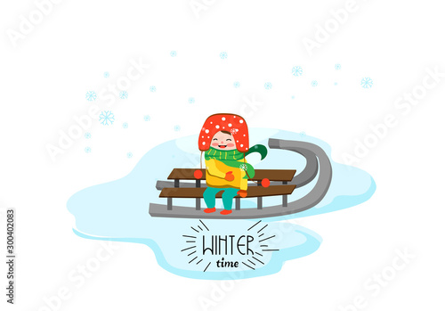 Child on winter sledge having fun. Cute vector illustration.