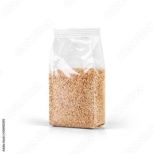 Sesame seeds in transparent plastic bag isolated on white background. Packaging template mockup collection. Stand-up Half Side view package.