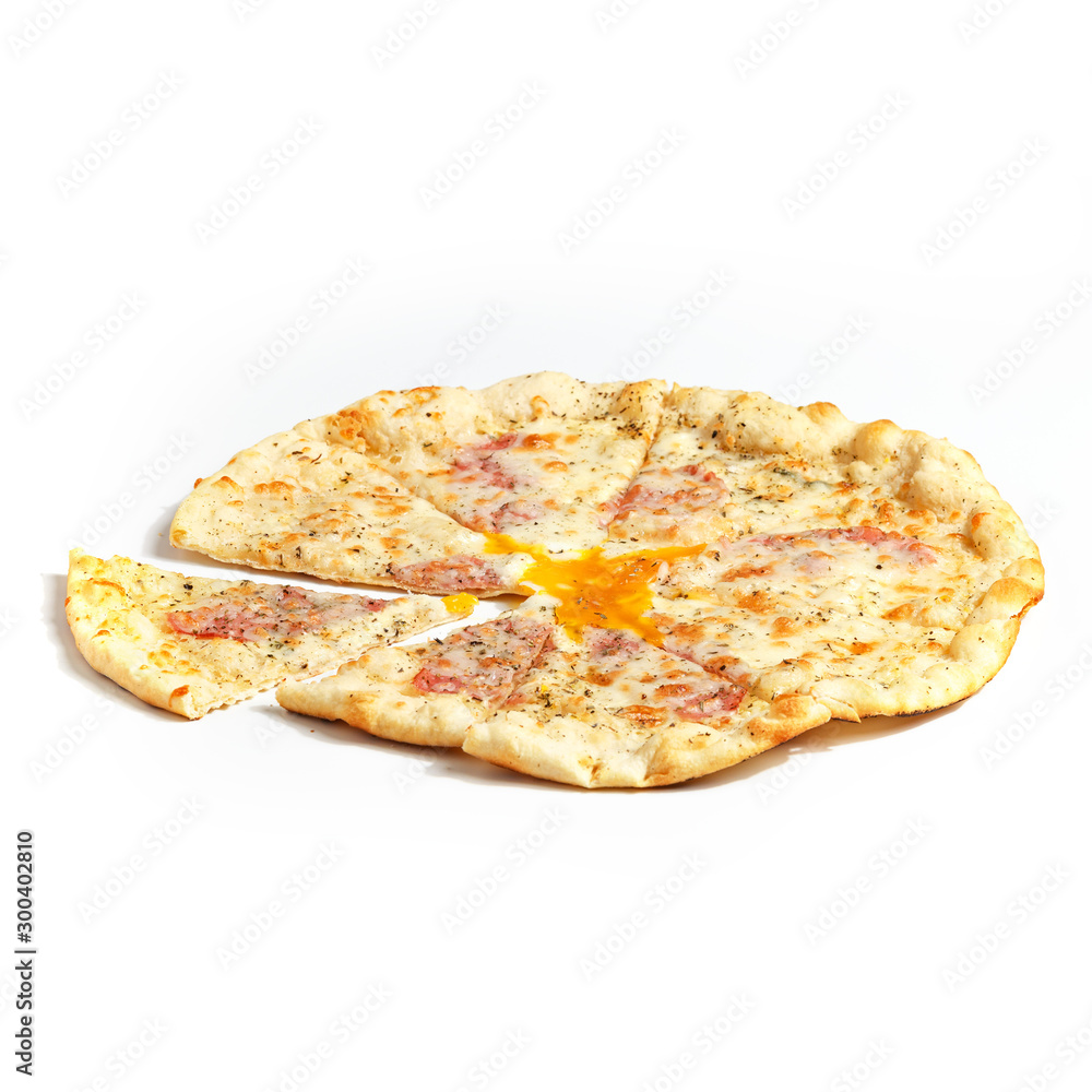 Appetizing sliced pizza on a white background.