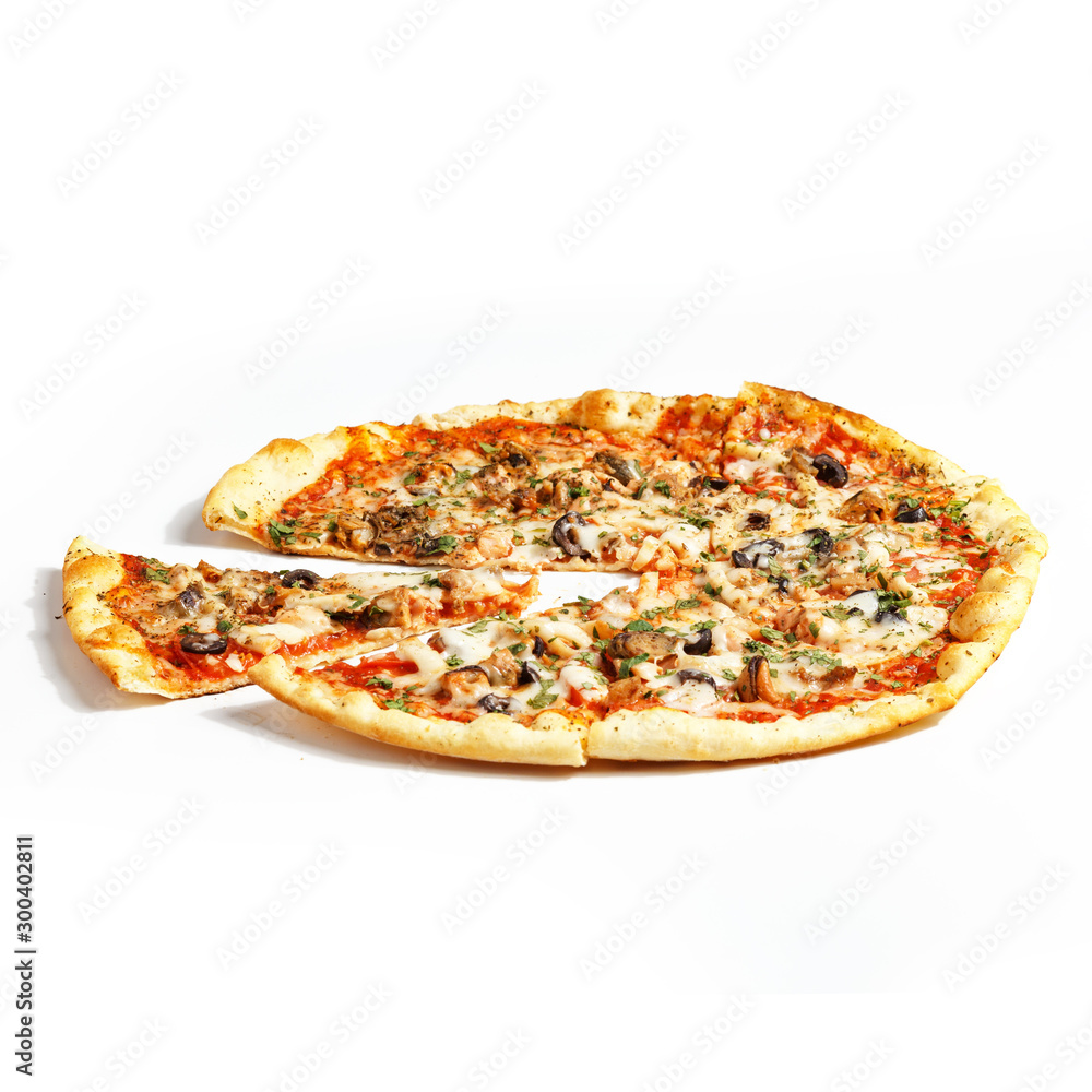Appetizing sliced pizza on a white background.