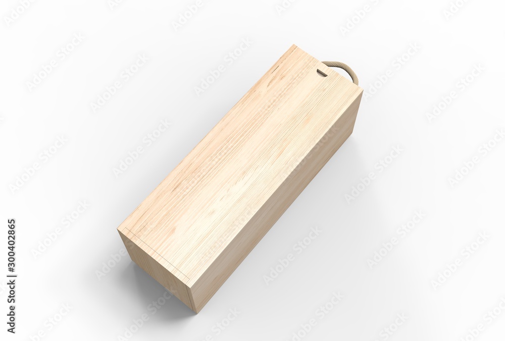 Blank wood storage box with rope handle and sliding lid. 3d render illustration. Blank wood storage box with rope handle and sliding lid. 3d render illustration.