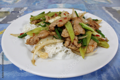 Rice with stir-fried pork and green bell pepper on top