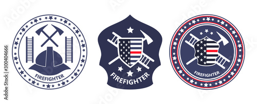 Fire Prevention Awareness Month is organised in USA. Ladder, helmet, tools, shield with American flag are shown.