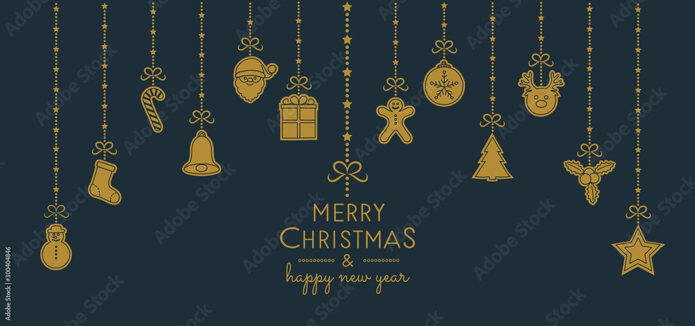 Concept of Christmas card with hanging ornaments. Vector. Concept of Christmas card with hanging ornaments. Vector.
