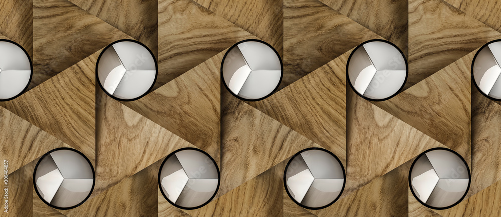 3D wallpaper of eco wood triangle tiles with round white elements. High