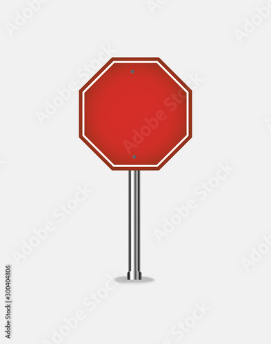 Red road sign is isolated on white background. Blank traffic label is empty. Warning or stop banner