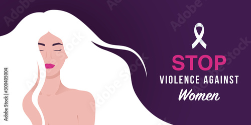 25 November International Day for the Elimination of Violence against Women. Concept vector design with woman, text and white awareness ribbon.