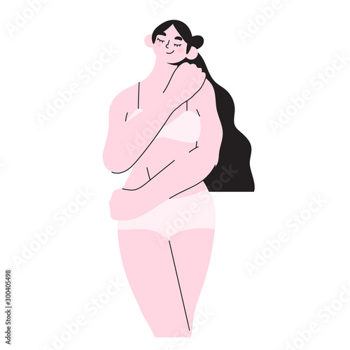 Vector illustration of a woman in lingerie hugging herself and is relaxed. Body positive or plus size cartoon girl character who is comfortable with her body. Natural beauty or women health concept.