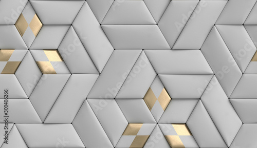 3D wallpaper of 3D soft geometry tiles made from gray leather with golden dec...