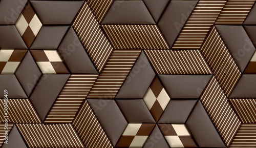 3D wallpaper of 3D soft geometry tiles made from brown leather with golden decor stripes and rhombus. High quality seamless realistic texture.