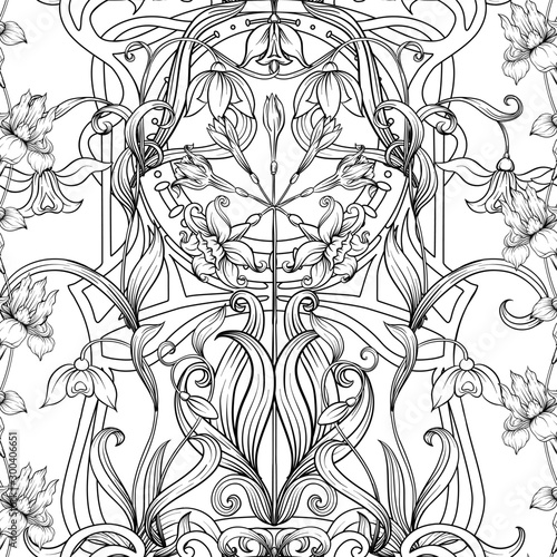 Spring flowers seamless pattern, background. Outline hand drawing vector . In art nouveau style, vintage, old, retro style..