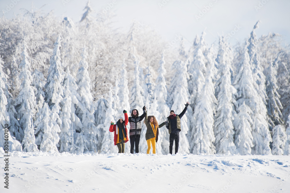 A group of young friends on a walk outdoors in snow in winter, standing.