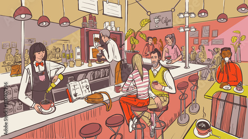 Cafe interior and people. Barista and friends talking at the bar or cafeteria. Vector illustration in sketch color style.