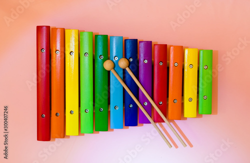 Multicolor music instrument xylophone on pink background.