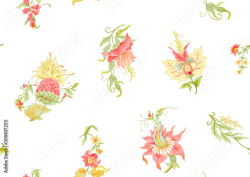 Fantasy flowers in retro, vintage, jacobean embroidery style. Pattern, background. Template for wedding invitation. Colored vector illustration © Elen Lane