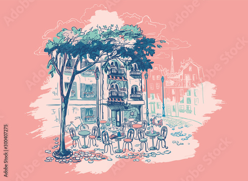 Street cafe in the city. Bicycle at the entrance to the cafe. Illustration in vintage style. Vector illustration