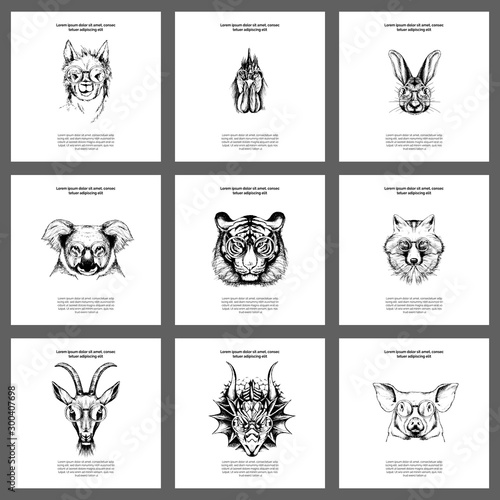 Different animals in glasses. Modern card templates  outline portraits black and white
