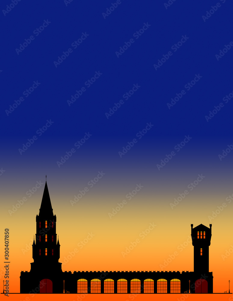 Silhouettes of city tower at the blue sky and orange sunset with place for text. Yoshkar-Ola city, Mari El, Russian Federation