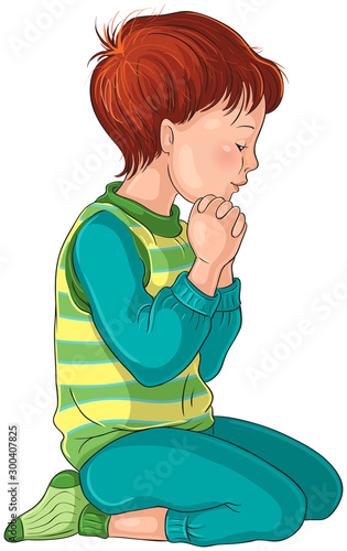 Illustration of a Little Boy Kneeling Down in Prayer with her hands folded