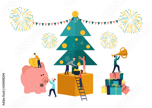 Vector flat illustrations, big piggy bank on a white background, New Year tree with money, businessmen are preparing for the new year, receive cash bonuses.
