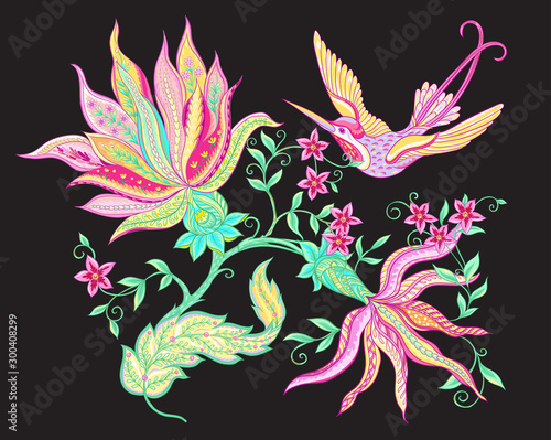 Fantasy flowers, traditional Jacobean embroidery style. Elements for design. Vector illustration in bright pink and green colors isolated on black background..