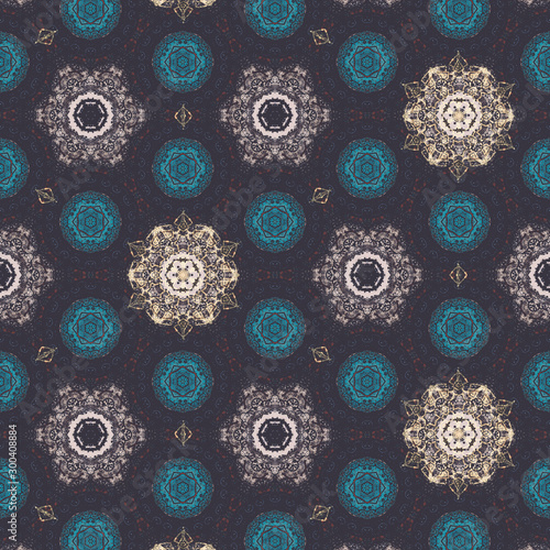 Detailed seamless pattern background with vintage style dark color tone. Fractal & kaleidescope art pattern background. Wall paper, wrapping paper, gift card, invitation and cover design.