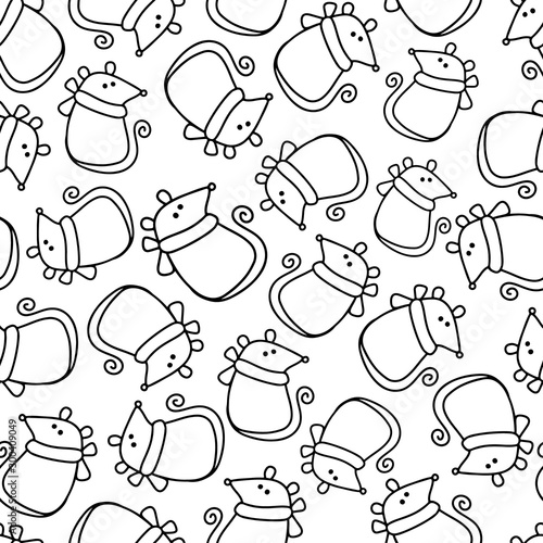 Vector seamless pattern with doodle mouse. Illustration for coloring. Cute winter background.