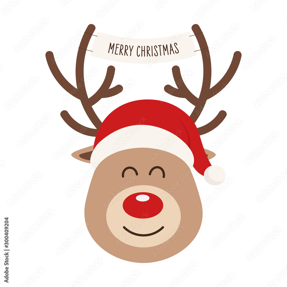 Reindeer red nosed cute cartoon with greeting banner isolated white background. Christmas card