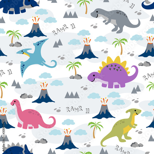 Seamless pattern Cute Dino Family design for background, wallpaper, clothing, wrapping, fabric
