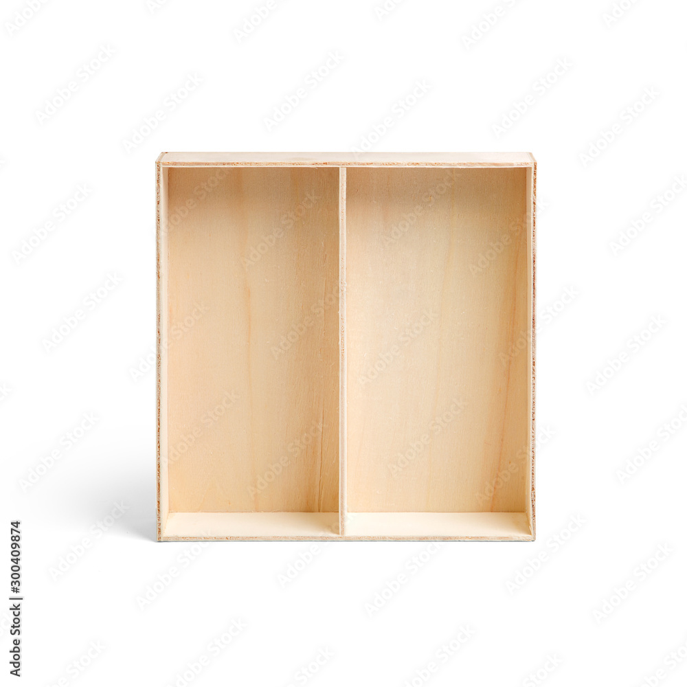 Opened square empty wooden box with vertical shelf separator isolated on white background. Packaging template mockup collection. Stand up front view package Opened square empty wooden box with vertical shelf separator isolated on white background. Packaging template mockup collection. Stand up front view package