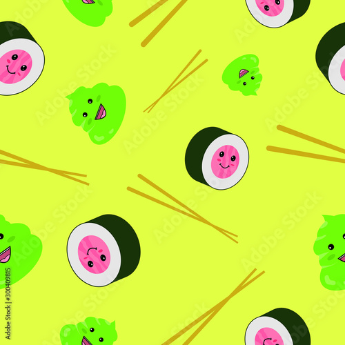 Sushi seamless pattern happy faces on rolls and wasabi and Japanese sticks repeat endless background 