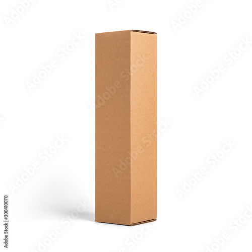 Blank brown tall cardboard Wine paper box isolated on white background. Packaging template mockup collection. Stand-up Half Side view package.