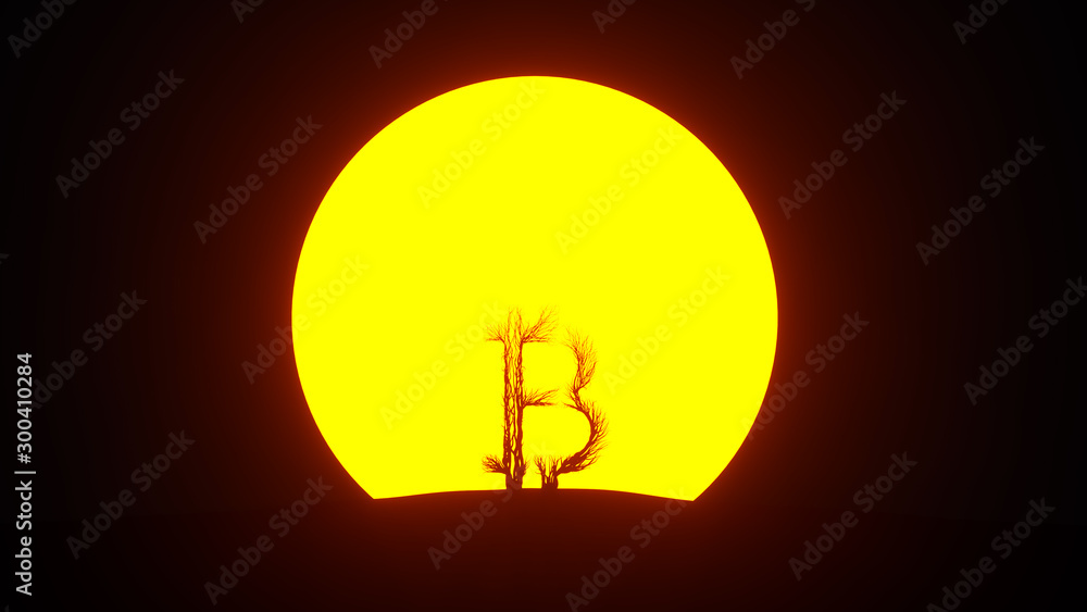 Silhouette of growing tree in a shape of a bitcoin sign. Eco Concept. 3D rendering.