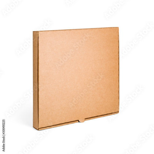 Blank brown cardboard Pizza paper box isolated on white background. Packaging template mockup collection. Stand-up Half Side view package. © goolyash