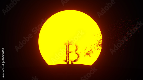 Fototapeta Naklejka Na Ścianę i Meble -  Silhouette of growing tree in a shape of a bitcoin sign. Eco Concept. 3D rendering.