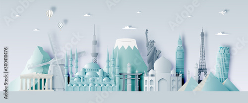 Various travel attractions in paper art style