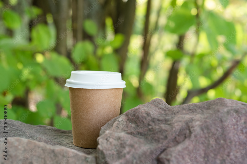 Disposable paper cup on a background of nature on the stones. Disposable paper cup on a background of nature on the stones.